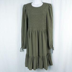 Zesica Puff‎ Sleeve Smocked Tiered Mini Dress Womens Medium Green Boho Cottage